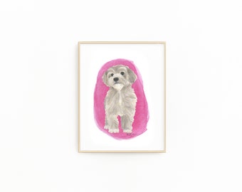 May include: Watercolor painting of a small, fluffy, light gray dog standing on a pink background.