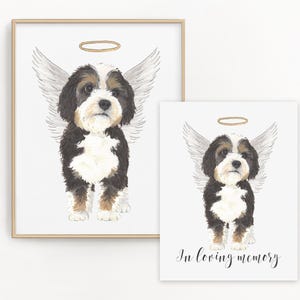 Black, White, & Tan Bernedoodle Memorial Print and Sympathy Card Bundle, Angel Dog Print, Pet Loss Memorial Gift Portrait, Rainbow Bridge