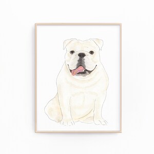 白いイングリッシュブルドッグの犬の絵、印刷可能、クリップアート、ペットの肖像画、特製カクテルメニュー、結婚式の詳細、子供部屋、本棚