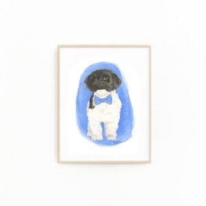 May include: Watercolor painting of a black and white dog wearing a blue bow tie, standing on a blue watercolor background.