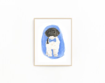 May include: Watercolor painting of a black and white dog wearing a blue bow tie, standing on a blue watercolor background.