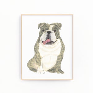 ブリンドル＆ホワイトのイングリッシュブルドッグの犬の絵、印刷可能、クリップアート、ペットの肖像画、特製カクテルメニュー、結婚式の詳細、保育室、本棚
