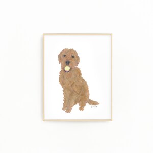以下が含まれることがあります： 黄色のテニスボールをくわえた茶色の犬のイラストが額装されています。犬は座って鑑賞者を見ています。