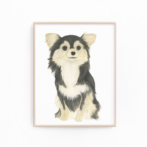 黒と茶色の長毛チワワの絵画、印刷可能、ペットの肖像画、特製カクテル メニュー、結婚式の詳細、保育室、本棚