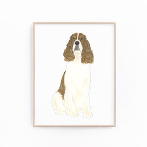 赤と白のイングリッシュ スプリンガー スパニエル犬の絵画、印刷可能、クリップアート、ペットの肖像画、特製カクテル メニュー、結婚式の詳細、保育園