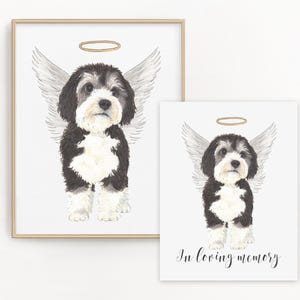 Zwart-witte en grijze Bernedoodle Memorial-print en condoleancekaartbundel, Angel Dog-print, huisdierverlies Memorial cadeau portret, regenboogbrug