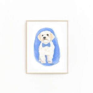 May include: A watercolor painting of a white dog wearing a blue and white checkered bow tie. The dog is sitting on a blue watercolor background.