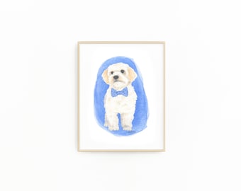 May include: A watercolor painting of a white dog wearing a blue and white checkered bow tie. The dog is sitting on a blue watercolor background.