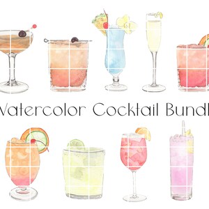 水彩カクテル ペインティング バンドル、クリップアート、特製カクテル メニュー、バー カート、.png、デジタル プリント ダウンロード