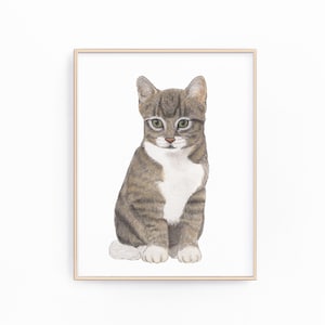 印刷可能な灰色の縞模様のトラ猫の絵画、ペットの肖像画、特製カクテル メニュー、結婚式の詳細、子供部屋、本棚、クリップアート、新築祝い