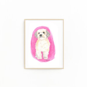 May include: Watercolor painting of a small, white dog with brown markings sitting on a pink background. The dog is looking directly at the viewer.