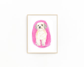 May include: Watercolor painting of a small, white dog with brown markings sitting on a pink background. The dog is looking directly at the viewer.
