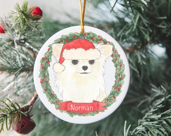 Personalized Chihuahua (Long Haired, White) Hanukkah or Christmas Ornament