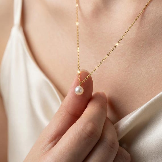 14K Solid Gold & Natural Pearl Necklace, Dainty Solitaire Pendant