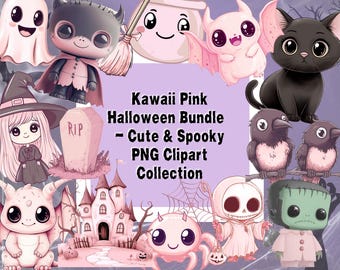 Kawaii Halloween Clipart – Pastel Pink PNG Bundle (Digital Download)
