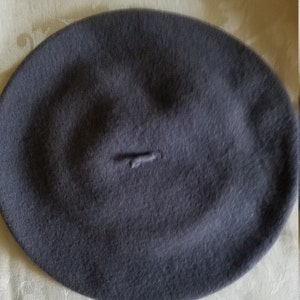May include: A dark gray beret made of wool.