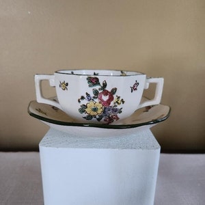 6 Antique "Old Leeds Sprays" Cream Soup Bowls