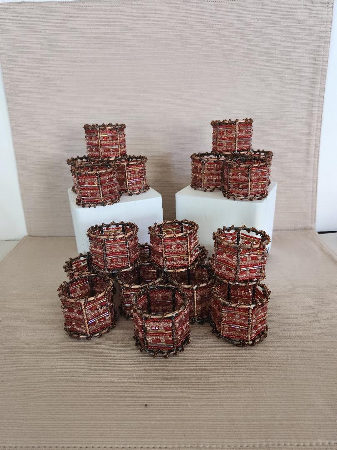 Beaded banig napkin rings in green main image 1
