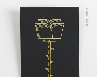 Metallic Gold Rose and Thorn Screen Print, Gothic Wall Decor (5x7)