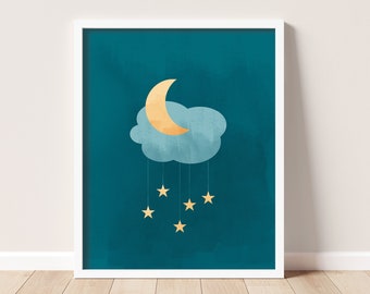 Moonlight Night Wall Art Printable // Moon Stars, Modern Kids Room Decor, Nursery, Baby Shower Gift, Dreams, Sleep, Calm, Digital Download