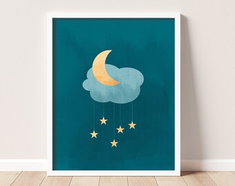 Moon Stars Nursery Art Print, Modern Kids Room Decor (Digital Download)