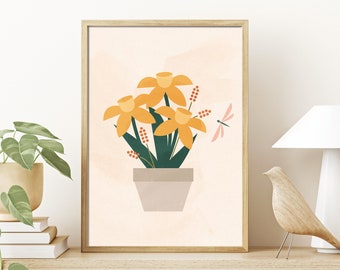 Potted Daffodil Print, Modern Floral Wall Art (Digital Download)