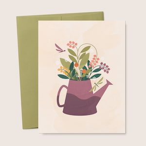Fleurs sauvages et arrosoir carte de voeux vierge, carte pliée imprimable florale, Pâques, fête des mères, cadeau de jardinier, téléchargement numérique instantané