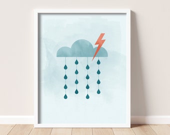 Rain Lightning Kids Room Print, Modern Weather Wall Art (Digital Download)