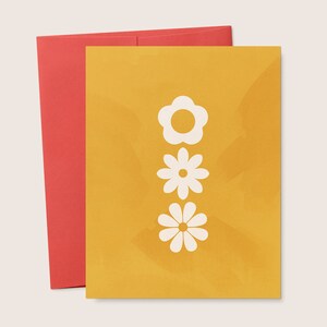 Biglietto d'auguri bianco floreale giallo moderno di metà secolo, compleanno, celebrazione, amore, fiori, biglietto piegato stampabile, download digitale istantaneo