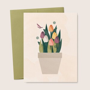 Tarjeta de felicitación en blanco de tulipanes de primavera en maceta, tarjeta plegada imprimible floral, Pascua, día de la madre, aniversario, jardín, descarga digital instantánea