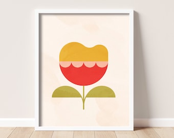 Mid-Century Modern Floral Wall Art Print, Modern Floral Room Decor, Red, Yellow Flower, Kitchen, Office, Printable Instant Digital Download