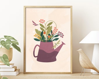 Floral Watering Can Art Print, Modern Spring Tulips (Digital Download)
