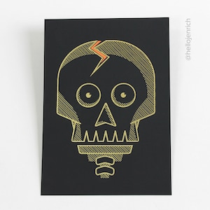 Cracked Skull Wall Art 5x7 Print /// Halloween, Screen Print, Illustration, Metallic Gold, Wall Decor, Art Print, Graphic Trend Gothic Decor