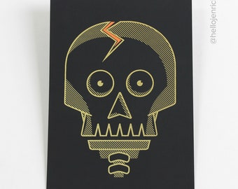Cracked Skull Art Print, Metallic Gold Screen Print, Gothic Halloween Decor (5x7)