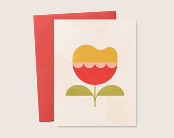 Mid-Century Modern Floral Greeting Card, Printable Red Flower Design (Digital Download)