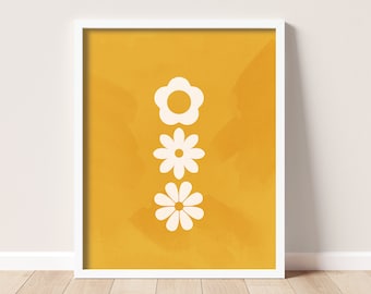 Mid-Century Modern Yellow Floral Print, Minimalist Flower Wall Art (Digital Download)