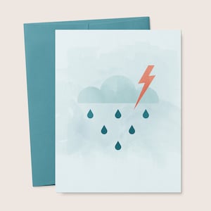 Cartão comemorativo para impressão em branco com nuvem de tempestade, chuva e relâmpagos \ Má sorte, tempos difíceis, incentivo, arte mínima, cartão dobrado, download digital