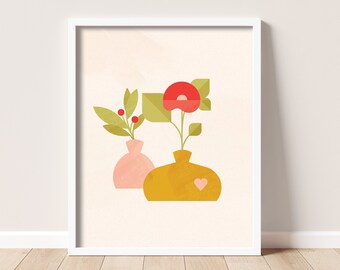 Mid-Century Modern Flower Vase Print, Red Floral Art (Digital Download)