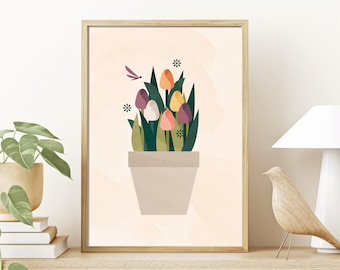 Potted Tulips Print, Modern Spring Floral Art (Digital Download)
