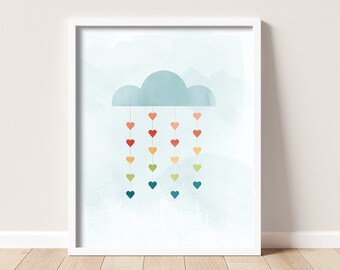 Rainbow Rain Cloud Hearts Print, Whimsical Nursery Decor (Digital Download)
