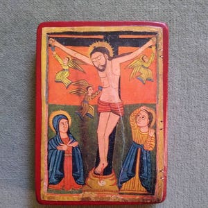 Passion of Christ, Ethiopian (part of a diptych) with Mary His Blessed Virgin-Mother and St John the Beloved. Approx 4*3 inches (10*7.5 cm).