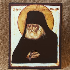 St Seraphim of Sarov, approximately A6, by Gregory Krug, hand-mounted icon.