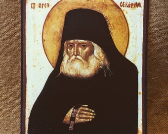 St Seraphim of Sarov, approximately A6, by Gregory Krug, hand-mounted icon.