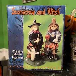 Fabriche Halloween Witch and Scarecrow Figures Witch with Ghost Scarecrow with Black Cat New Old Stock