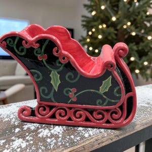 May include: A ceramic sleigh ornament featuring a glossy black side panel painted with green holly leaves and red berries. The sleigh has a bright red interior and a red base with decorative scrollwork along the bottom edge and runners.