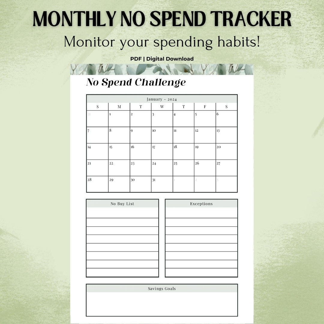 Monthly No Spend Challenge INSTANT DOWNLOAD No Spend Calendar Spending