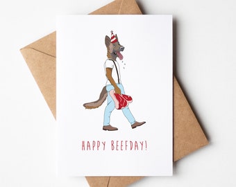 Happy Beefday Greeting Card | Happy Birthday Card | Aesthetic Dog Birthday Card | Adult Birthday Card | German Shepherd | Steak