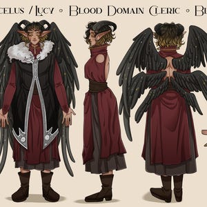 以下が含まれることがあります： 黒い羽、角、尖った耳を持つキャラクターデザインのデジタルアート。キャラクターは、白い毛皮の襟が付いた赤と黒の衣装を着ています。画像には、キャラクターの複数のビューと詳細が含まれています。