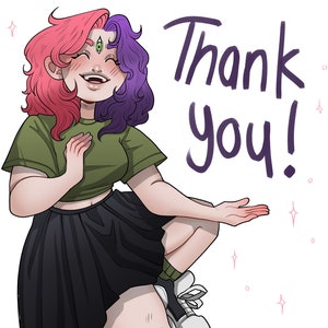 May include: A cartoon illustration of a person with pink and purple hair smiling and saying "Thank you!" with sparkling stars in the background.