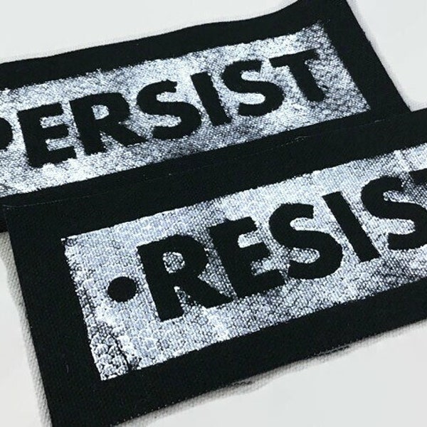 RESIST - PERSIST handmade, sew on, black canvas patches. -M